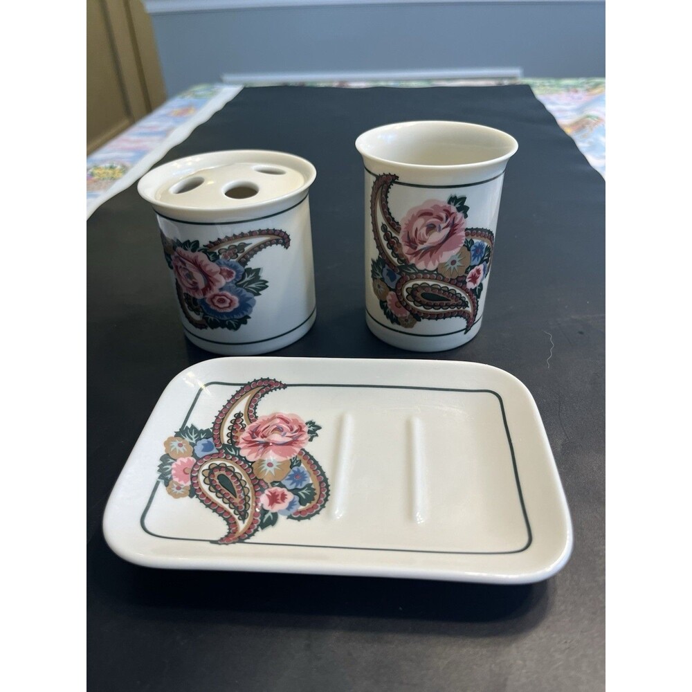 80’s Bill Blass Pink Floral Paisley Toothbrush Holder Tumbler Soap Dish Japan